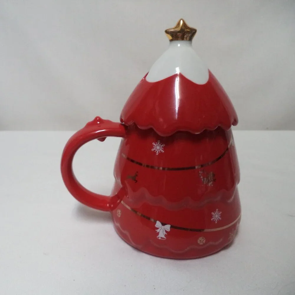 Christmas Tree lidded Mug Cup Snowflakes Stars Reindeer Bells ceramic straw hole